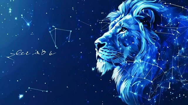 A majestic lion's profile, formed from a constellation of stars, against a dark blue starry background.