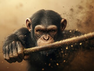 A monkey is holding a stick and appears to be angry