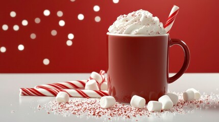 A hot cocoa bar with marshmallows, candy canes, and whipped cream