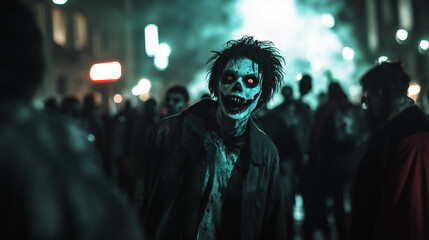 World Zombie Day, a crowd of people in scary zombie costumes and scary makeup, walking on the dark and foggy city streets, Ai generated images