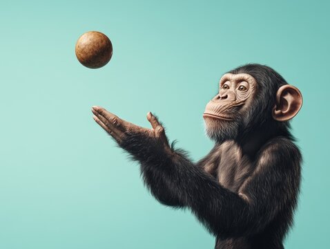 A cartoon monkey is holding a ball in its hand and throwing it in the air