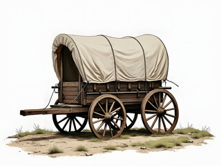 Old Covered Wagon Stagecoach Oregon Trail Style Design Graphic Cinematic Lighting On The Ground A White Background 