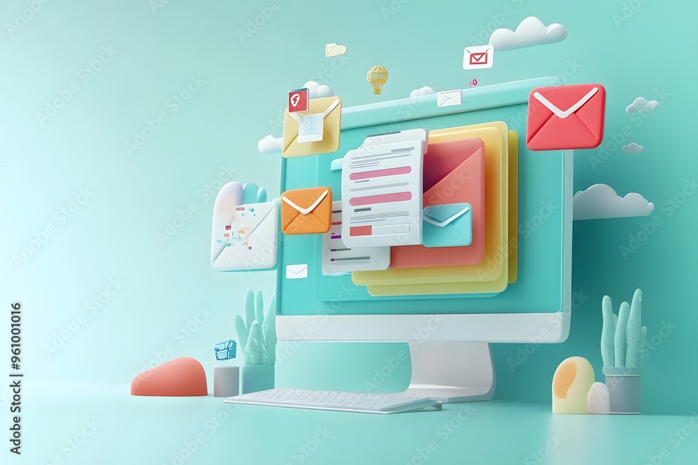 Poster 3d illustration of a computer with email icons and a keyboard