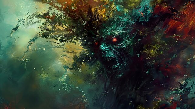 A terrifying, abstract monster with glowing red eyes appears from a dark, swirling cloud of smoke and fire.