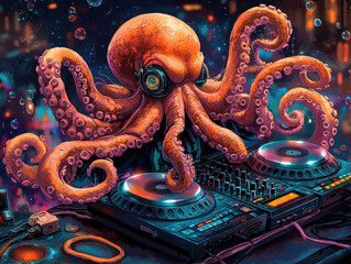Fototapeta premium Funky Octopus DJing at Vibrant Underwater Party - Cartoon Character in Graphic T-shirt, Ripped Jeans, and Sneakers on Tentacles Grooving to the Beat
