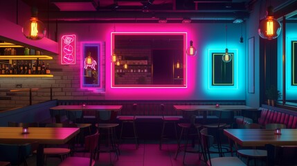 Fototapeta premium A sleek, modern bar with neon lights and industrial design elements, set against a backdrop of exposed brick. The bar exudes a vibrant yet minimalist atmosphere, perfect for a trendy night out.