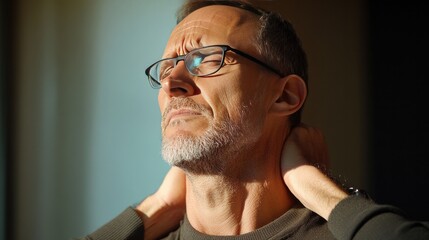 Obraz premium Middle-aged man stretching his stiff neck muscles, grimacing from joint pain and tension