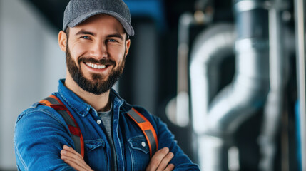 Happy HVAC technician wearing uniform and cap, standing in an industrial setting with HVAC equipment in the background.
