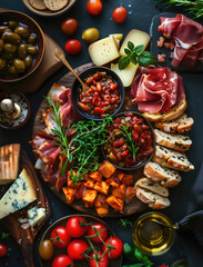 Rustic display of Spanish tapas on dark background