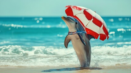 A playful dolphin with an umbrella on its back stands on a sandy beach.