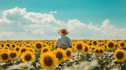 A lone man stands in a field of sunflowers, looking out at the bright blue sky.