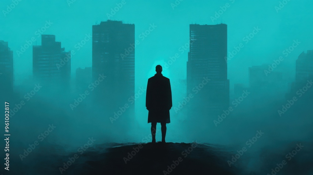 Poster a lone figure standing in a dark cyberpunk cityscape, illuminated only by the faint glow of distant 
