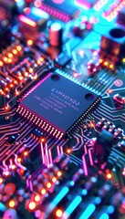 Obraz premium Neon Circuit Board Closeup