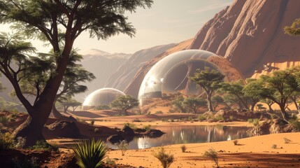 A stunning image of a desert valley showcasing large geodesic domes nestled among trees and vegetation. The scene captures a blend of futuristic architecture with natural beauty, under a soft, golden