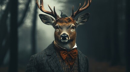 A Deer in a Suit in a Foggy Forest