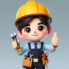 3D Style Design Handsome Asian Male Cartoon Character as a Civil Engineer on Grey Background
