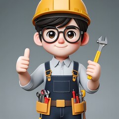3D Style Design Handsome Asian Male Cartoon Character as a Civil Engineer on Grey Background