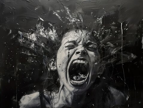 A woman's face with her mouth open in a scream with splashes of paint coming out of her head.