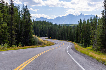 Scenic Curved Road Through Kananaskis Forest with Mountain Views in Alberta, Canada on a Sunny Day