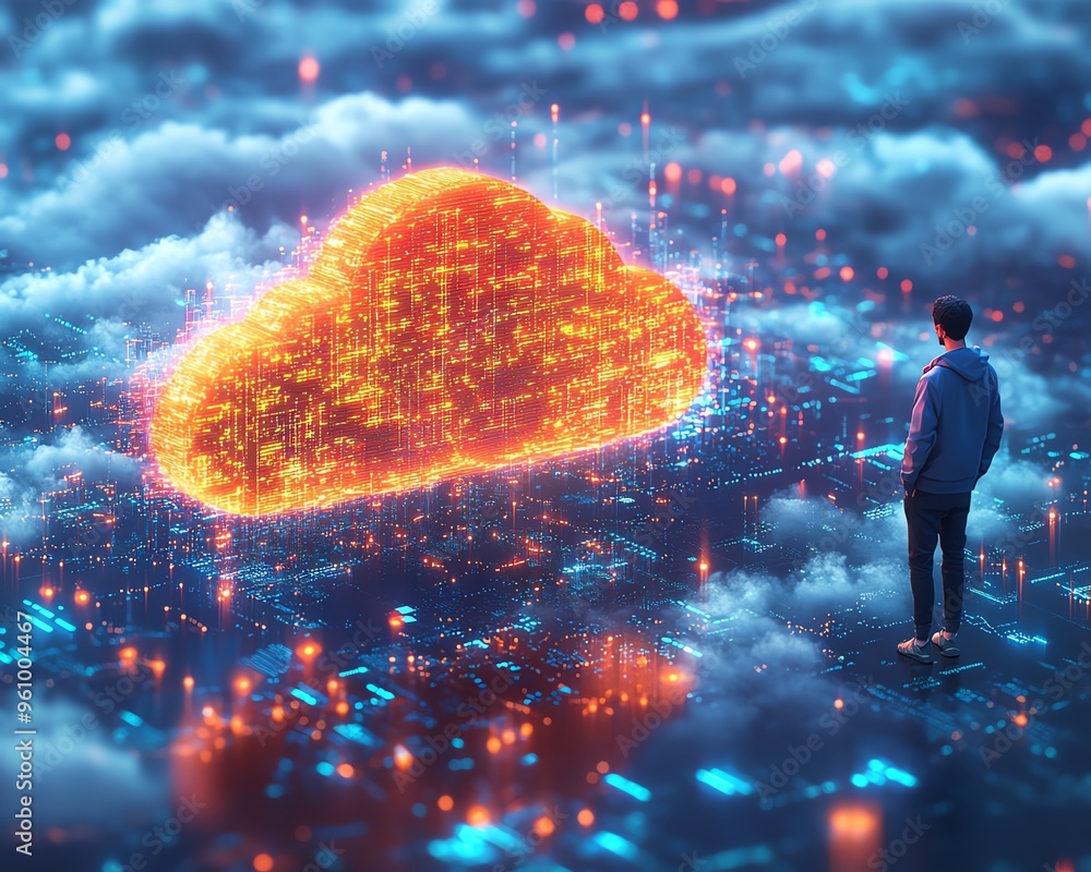 Poster big data and cloud computing 3d illustration, male figure qadir using remote servers to analyze larg