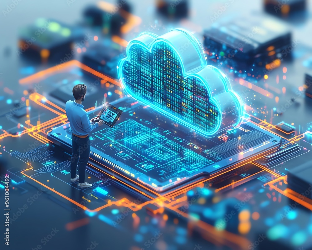 Poster big data and cloud computing 3d illustration, male figure qadir using remote servers to analyze larg