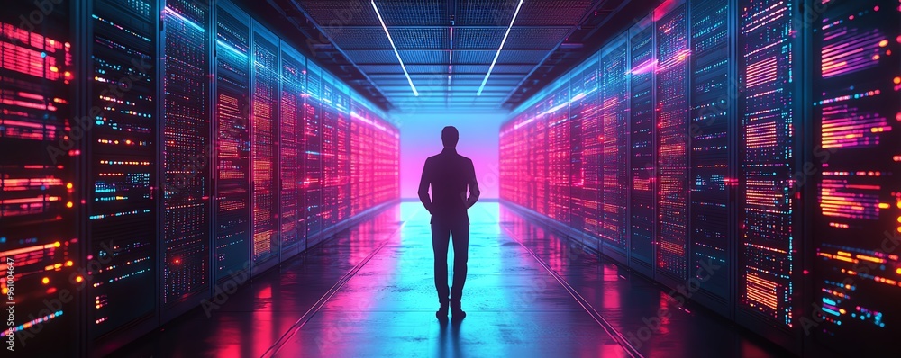 Poster big data and cloud computing set, 3d illustration of male figure qadir, analyzing data on remote ser