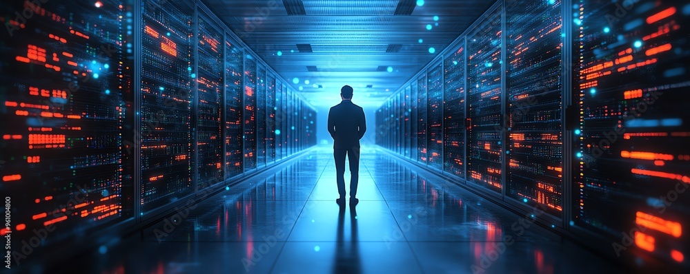 Poster big data and cloud computing set, 3d illustration of male figure qadir, analyzing data on remote ser