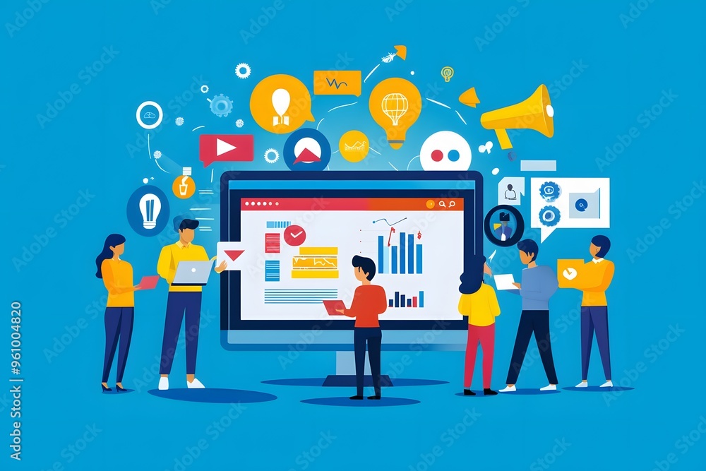 Poster business team analyzing data on computer screen