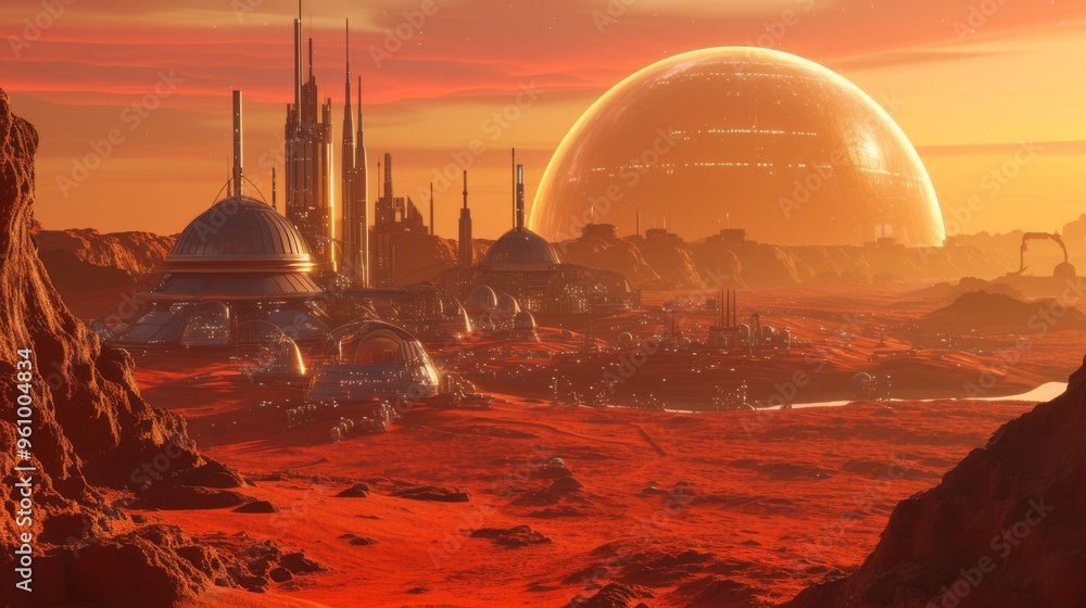 Poster a captivating view of a martian city featuring multiple domed structures under the glow of a setting