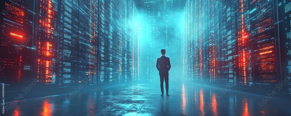 Poster big data and cloud computing set, 3d illustration of male figure qadir, analyzing data on remote ser