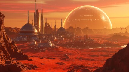 Obraz premium A captivating view of a Martian city featuring multiple domed structures under the glow of a setting sun. The scene portrays a harmonious blend of advanced architecture and the rugged, red terrain of