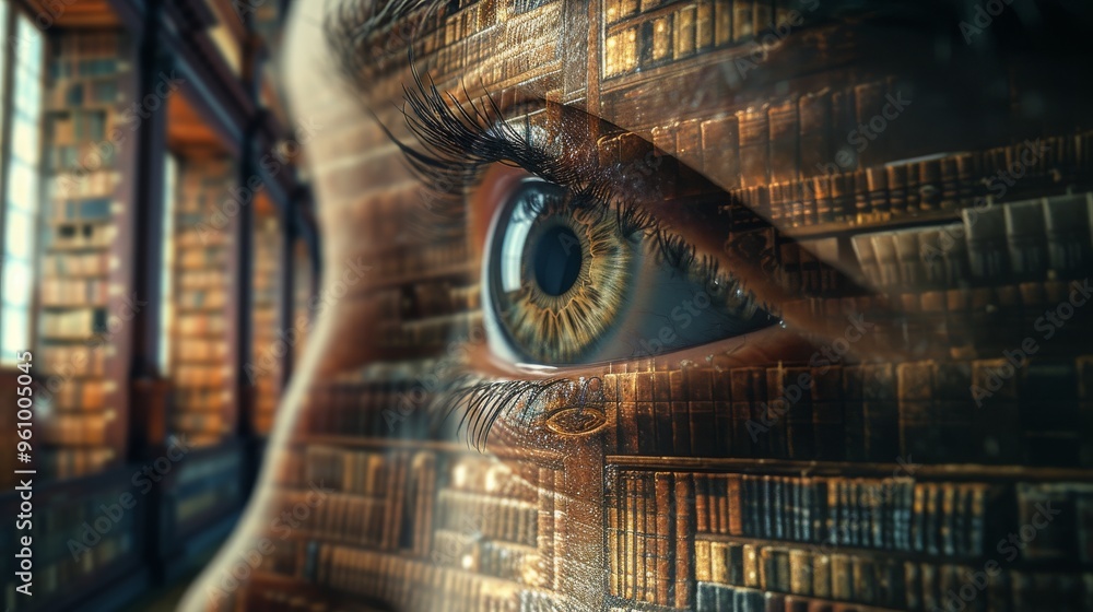 Poster a surreal image of an eye blending with library shelves, symbolizing the convergence of knowledge an
