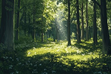 Obraz premium Serene Sunlit Forest with Lush Green Undergrowth - Peaceful Woodland Landscape , ai