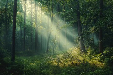 Serene Sunlit Forest with Lush Green Undergrowth - Peaceful Woodland Landscape , ai
