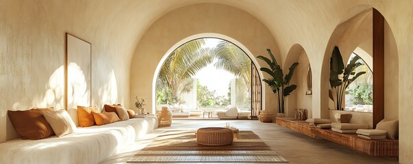 Boho Mediterranean interior design of modern home entryway, hall with arched walls, stylish and eclectic decor, warm tones, relaxed and inviting atmosphere
