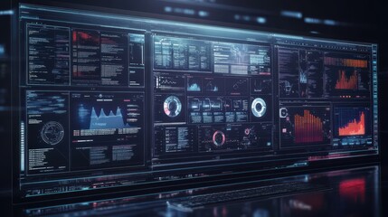 Fototapeta premium A high-tech screen displaying multiple data analysis panels with graphs, charts, and metrics, representing advanced analytics and digital trends.