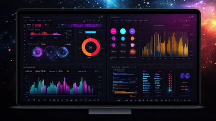 Obraz premium A laptop displaying a futuristic data analytics dashboard with vibrant charts, graphs, and metrics, set against a cosmic background symbolizing innovation and technology.