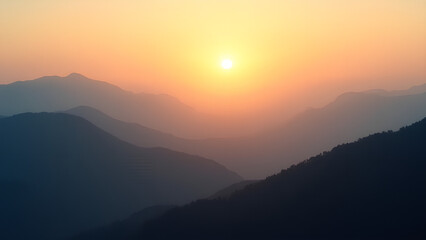 Fototapeta premium Mystical Morning in the Mountain Range Dawn Light Bathing the Serene Hills Golden Sunrise Over Misty Mountain Layers