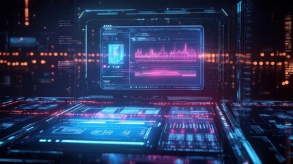 A futuristic digital interface displaying glowing charts, graphs, and data visualization, representing advanced technology, analytics, and cyber systems.