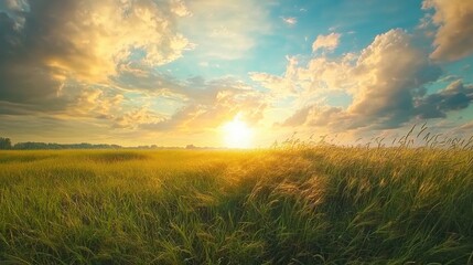 A beautiful sunset casting golden light over a grassy field with dramatic clouds in the sky, creating a peaceful and serene landscape.