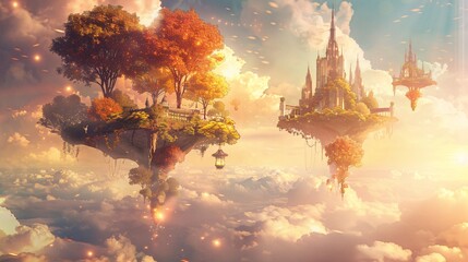 Fototapeta premium Fantasy Floating Islands with Castles and Trees in the Clouds