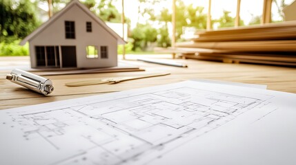 House model and blueprints on construction planning desk

