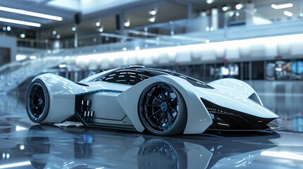 Obraz premium Futuristic White Sports Car in Modern Showroom