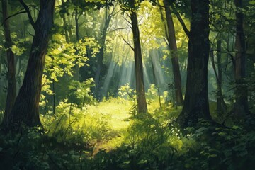 Obraz premium Serene Sunlit Forest with Lush Green Undergrowth - Peaceful Woodland Landscape , ai