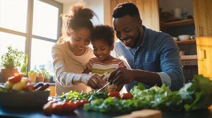 Naklejka premium Family Cooking Together in a Sunny Kitchen