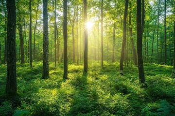 Naklejka premium Serene Sunlit Forest with Lush Green Undergrowth - Peaceful Woodland Landscape , ai
