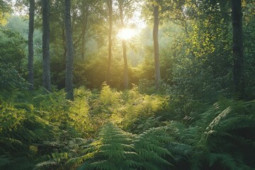Obraz premium Serene Sunlit Forest with Lush Green Undergrowth - Peaceful Woodland Landscape , ai
