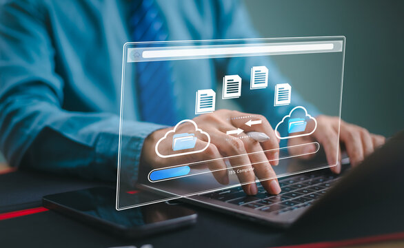 Cloud recovery backup data download management, Exchange file copy, DMS loading. Data transfer technology concept. FTP(File Transfer Protocol). Move file to smartphone, computer network transmission