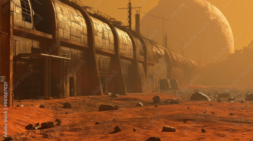 Poster a 3d rendering of an industrial facility on mars, showcasing large, metallic structures in a rugged,