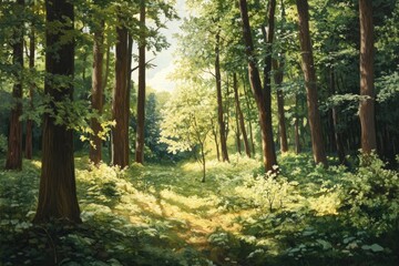 Naklejka premium Serene Sunlit Forest with Lush Green Undergrowth - Peaceful Woodland Landscape , ai